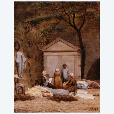 Cherubino PATA 1827-1899 Tappezieri sulle banchine di Parigi, dipinto, 1867 Courbet