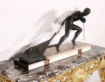 Importante Sculpture en Régule « Le Pêcheur », de J. De Roncourt, Art Déco – 1930