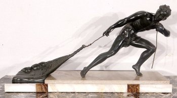 Importante Sculpture en Régule « Le Pêcheur », de J. De Roncourt, Art Déco – 1930