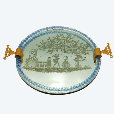 MURANO VINTAGE MIRROR TRAY, Engraved Glass Depicting 18th-Century Romantic Scenes