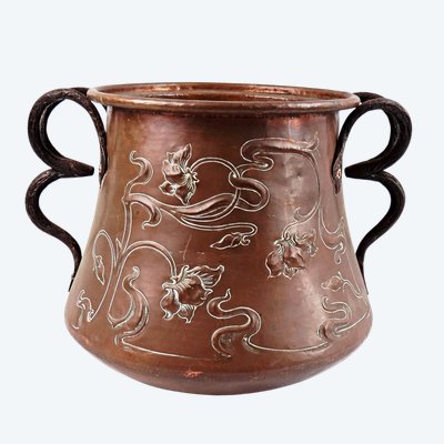 Art Nouveau copper cauldron or planter, signed L. Guibard, late 19th century
