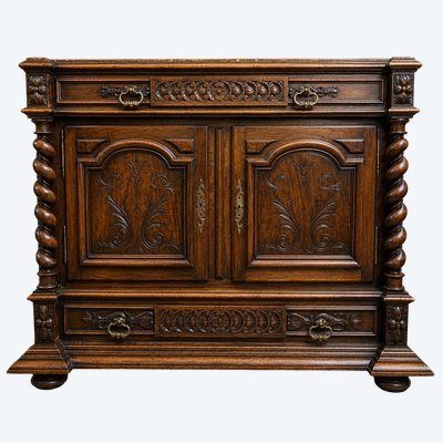 Carved wooden trouser cabinet – Twisted columns – Marble top – 19th century  
