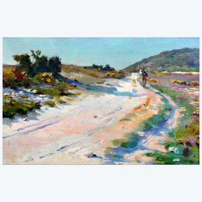 MONTAGNE Louis Agricol (1879-1960) "Strada animata a Villeneuve-lez-Avignon" Provenza Avignone Francia