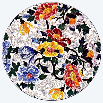 Runde Steingut-Kuchenform aus Gien, polychrome Dekoration, malvenfarbenes Pfingstrosenmuster