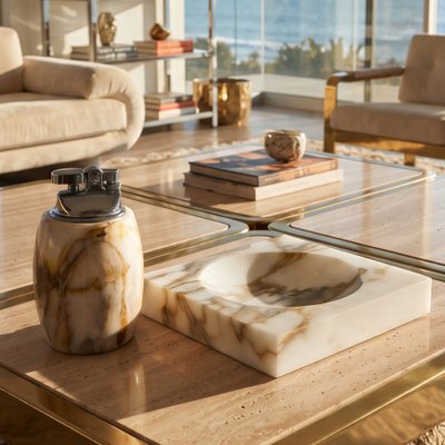 1960s Mid-Century Modern Italian Onyx Smoking Set with Table Lighter & Ashtray