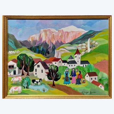 Dipinto in stile naif di Irène Darget Bastien "Le pettegole", paesaggio montano con mucche