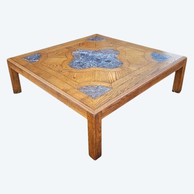 Großer Couchtisch 135 x 135 cm, Stil Ludwigs XIV., Eiche & Marmorintarsien