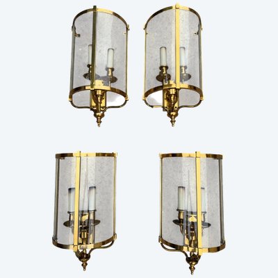 4 large Louis XVI-style brass wall sconces in a half-lantern design 