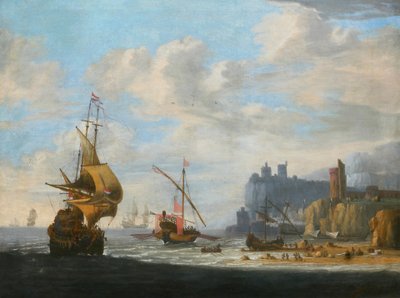 Jan Jacobsz van der Croos 1654/55-1712 Barche in mare, dipinto di grandi dimensioni, marina Paesi Bassi Gibilterra