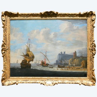 Jan Jacobsz van der Croos 1654/55-1712 Barche in mare, dipinto di grandi dimensioni, marina Paesi Bassi Gibilterra
