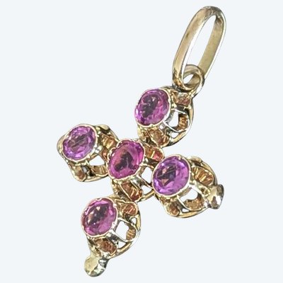 Antique 18k Gold Cross Pendant with Imitation Amethysts, CIRCA 1910