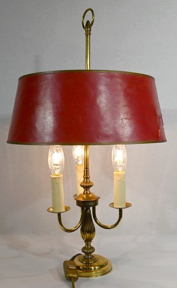 Lampada Bouillotte in Ottone con Paralume Rosso, Stile Luigi XVI - XX