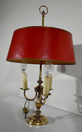 Lampada Bouillotte in Ottone con Paralume Rosso, Stile Luigi XVI - XX