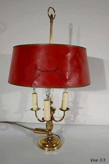 Lampada Bouillotte in Ottone con Paralume Rosso, Stile Luigi XVI - XX