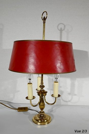 Lampada Bouillotte in Ottone con Paralume Rosso, Stile Luigi XVI - XX