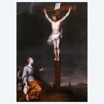 Französische Malerei des 17. Jahrhunderts, „Die Kreuzigung mit Maria Magdalena“, historisches religiöses Gemälde