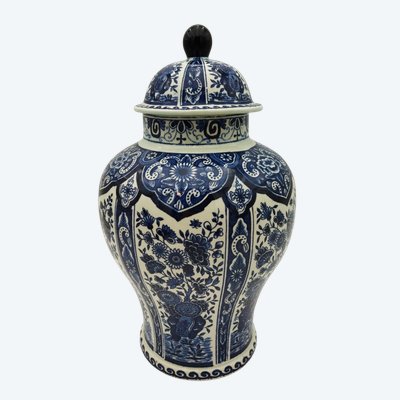 DELFT BOCH Holland Large Covered Pot, Cobalt Blue, Floral Pattern, 35 cm