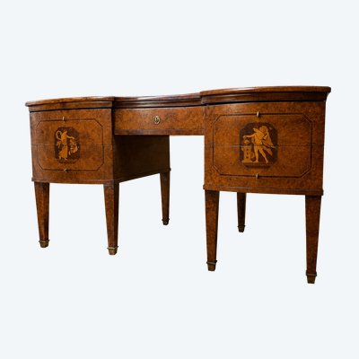 Importante scrivania a cassetti in legno con venature a nodo e intarsio – Stile neoclassico 