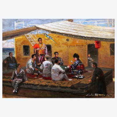 Attribuito a Jules Oscar MAES, “La partita di mah-jong a bordo di una giunca cinese”, dipinto, Cina