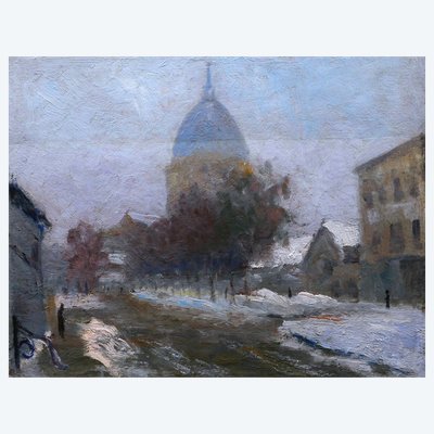 Scuola FRANCESE, 1920 circa, Strada innevata a Parigi, dipinto di paesaggio innevato (inverno)