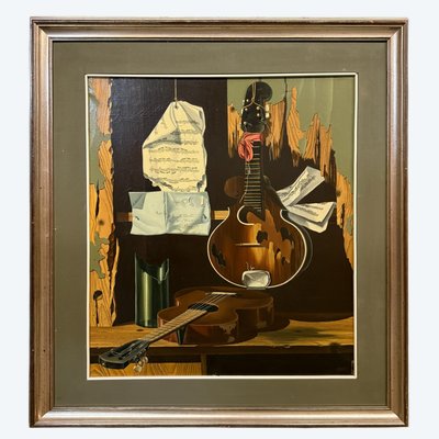 Ölgemälde auf Leinwand von Rodolfo Gentili, 20. Jahrhundert, „Gitarre und Noten“, 71 x 61, moderne und zeitgenössische Kunst