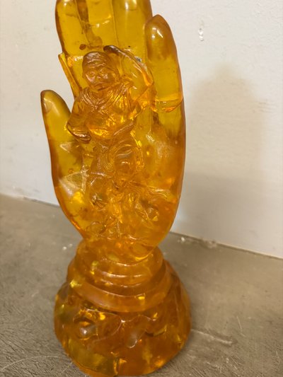 Vintage Chinese Amber Hand with Carved Buddha, 31x16 cm