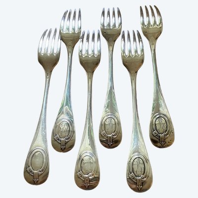 Schönes Set aus 6 großen Tischgabeln aus versilbertem Metall, Baguette-Médaillon-Stil, aus der Zeit des späten 19. Jahrhunderts