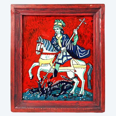 "Saint George Slaying the Dragon," an icon by Ioan Borlean, oil on glass, dated 2012