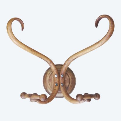Appendiabiti e cappelli in stile bistrot  Thonet  in legno curvato del 1900, finitura faggio naturale - 2 ganci -