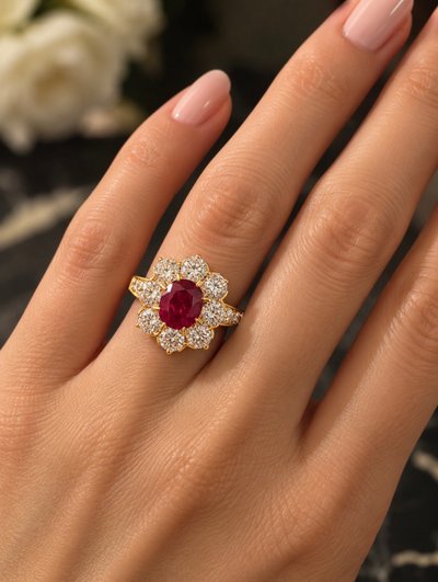 Daisy ring set with a ruby and diamonds 