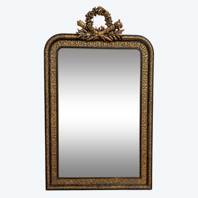 Napoleon III Mirror in Blackened and Gilded Wood – Decorated with a Quiver and a Wreath of Flowers – 19th Century