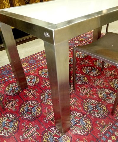 DESIGNER DINING SET IN BRUSHED STEEL – TABLE AND FOUR CHAIRS