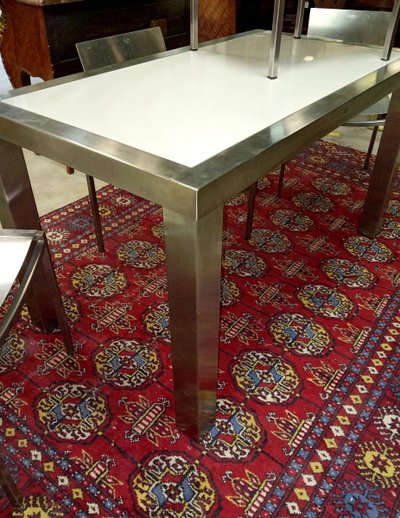 DESIGNER DINING SET IN BRUSHED STEEL – TABLE AND FOUR CHAIRS
