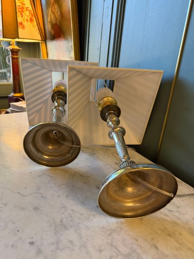 Pair of Directoire-style silver-plated bronze lamps, Height 44 cm
