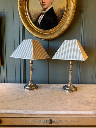 Pair of Directoire-style silver-plated bronze lamps, Height 44 cm
