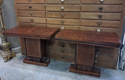 COPPIA DI CONSOLLE ART DÉCO IN LEGNO DI MOGANO E LIMONE