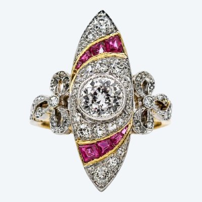Art Nouveau Marquise Ring with Diamonds and Sapphires