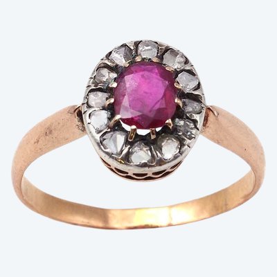 French antique daisy ring with natural ruby and rose-cut diamonds in 18k gold and silver, late 19th 
