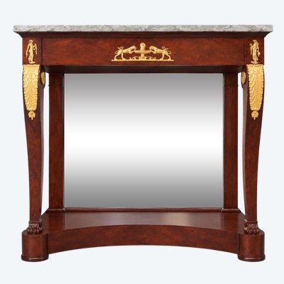 CONSOLE D’ÉPOQUE EMPIRE EN ACAJOU UND PLACAGE D’ACAJOU. DÉBUT DU XIXE SIÈCLE.