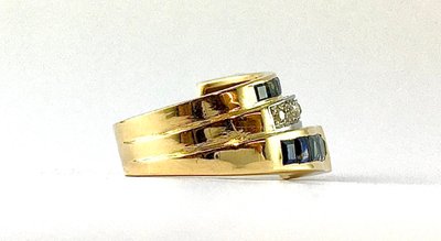 Tank Style Ring with Calibrated Sapphires and Diamonds on Yellow and White Gold
