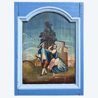 Grande pannello in legno dipinto – Scena di danza popolare – Arte popolare, circa 1800