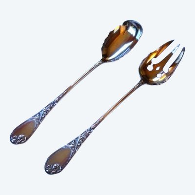 Salad serving set, coat of arms of the Count, solid silver, Minerva, silversmith Émile Puifocat
