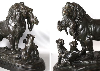 19th century bronze, signed: Edouard DELABRIERE, Lion, First Game
