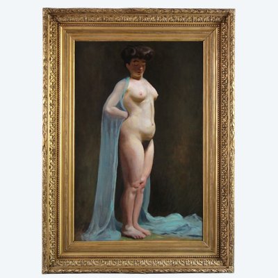 Attribuito a Carolus-Duran, Nudo con velo blu, dipinto ad olio, circa 1890, con cornice.