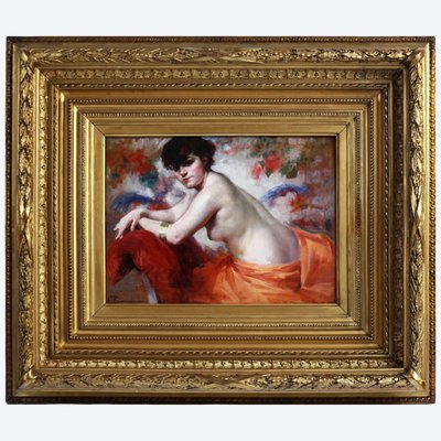 Dipinto ad olio figurativo francese antico di François Bonnardel, nudo, circa 1920, con cornice.