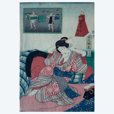 Prima stampa giapponese di Toyokuni III Kunisada, donna a riposo