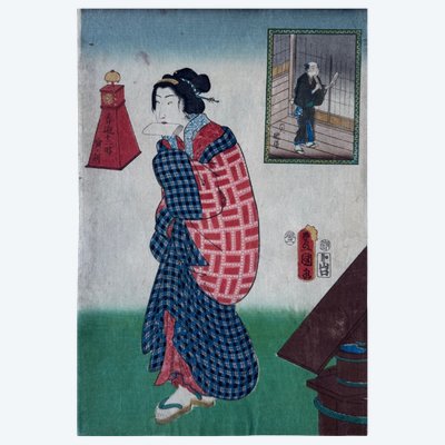 Vecchia stampa giapponese Toyokuni III Kunisada donna in kimono
