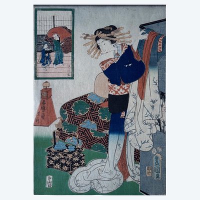 Vecchia stampa giapponese Toyokuni III Kunisada donna in kimono