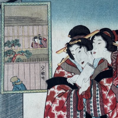 Stampa giapponese antica Toyokuni III Kunisada raffigurante due donne in kimono