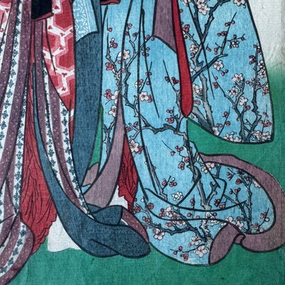 Stampa giapponese antica Toyokuni III Kunisada raffigurante due donne in kimono